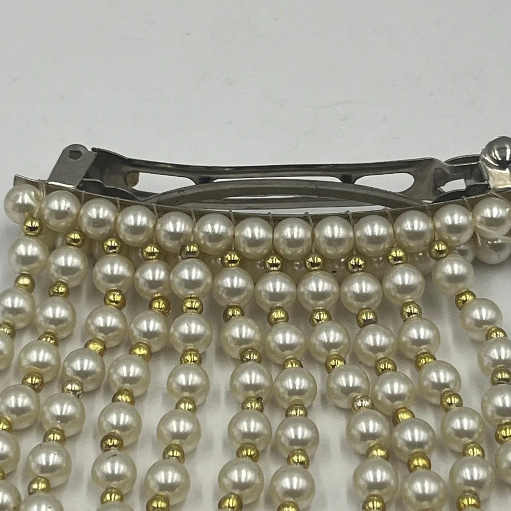 Vintage 2pc Faux Pearl Hair Barrette Set‎ Waterfall Fringe Drape Beaded Wedding - Picture 4 of 11